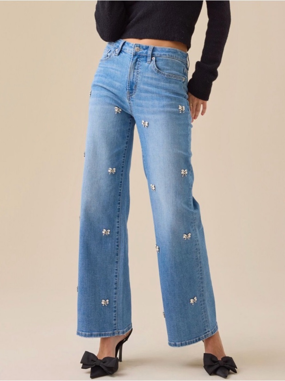 Altar'd State Light Blue Straight Leg Jeans with Crystal Bow Accents